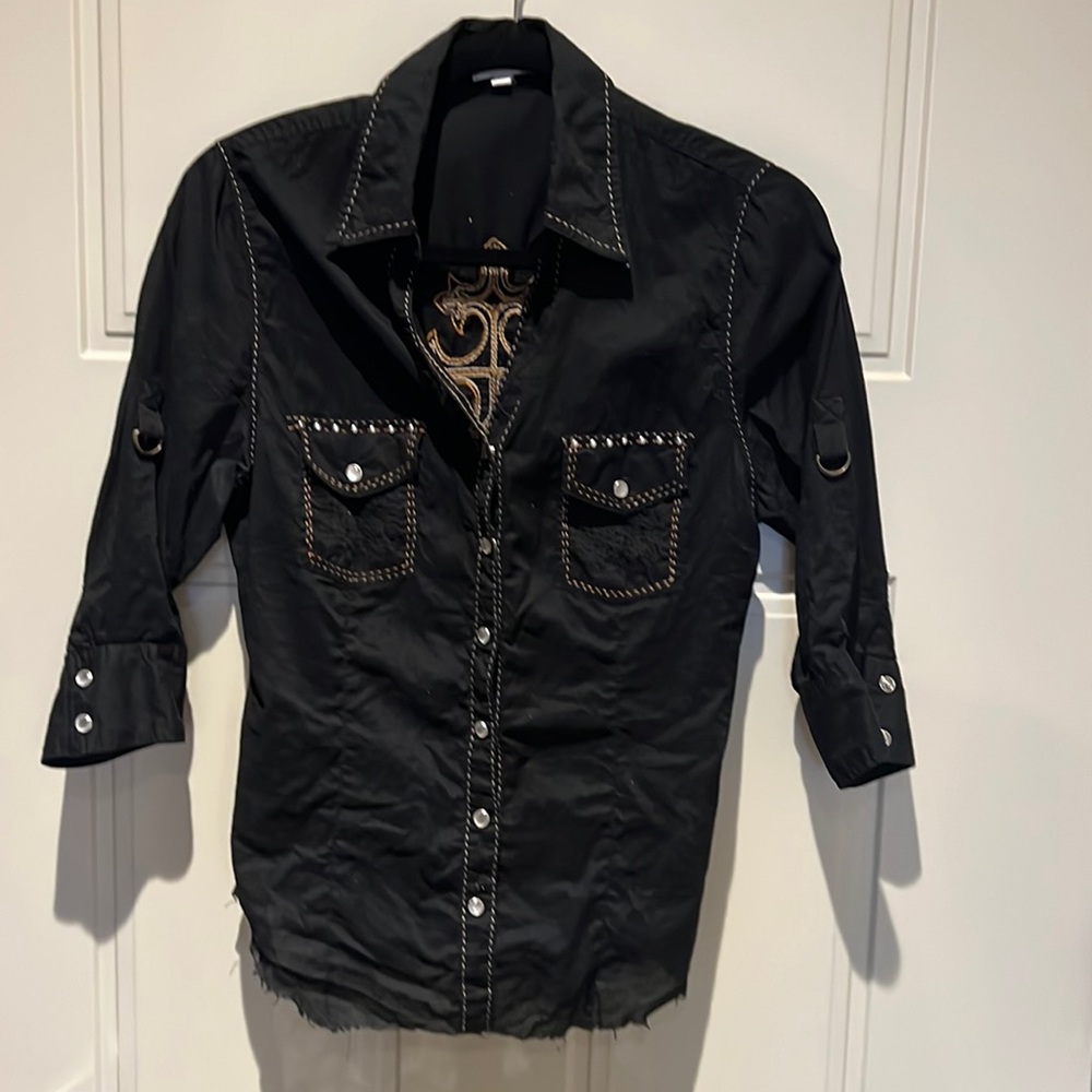 Body central Medium.Very cool blouse lots detail.Roll up sleeves securedw/loops.